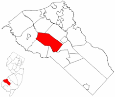 Location of Harrison Township in Gloucester County highlighted in red (right). Inset map: Location of Gloucester County in New Jersey highlighted in red (left).