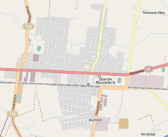 Mapa konturowa Ożarowa Mazowieckiego, po lewej znajduje się punkt z opisem „Parafia pw. Najświętszej Maryi Panny Królowej Apostołów w Ołtarzewie”