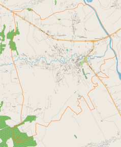 Mapa konturowa Pilzna, blisko centrum na prawo znajduje się punkt z opisem „Zespół klasztorny karmelitów w Pilźnie”