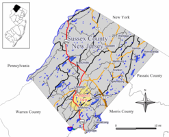 Map of Andover Township in Sussex County. Inset: Location of Sussex County highlighted in the State of New Jersey.