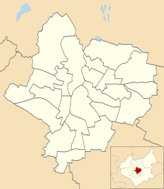 Mapa konturowa Leicesteru, w centrum znajduje się punkt z opisem „Wieża zegarowa w Leicester”