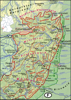 Haardtrand (in der Karte als „Weinstraße“ bezeichnet) zwischen Pfälzerwald und Rheinebene