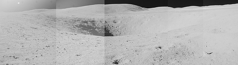 Mosaic showing Spook crater with Stone Mountain in the background. The white line near the horizon at right is the ejecta blanket of South Ray crater.