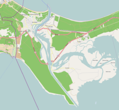 Mapa konturowa Świnoujścia, po prawej znajduje się owalna plamka nieco zaostrzona i wystająca na lewo w swoim dolnym rogu z opisem „Wicko Wielkie”