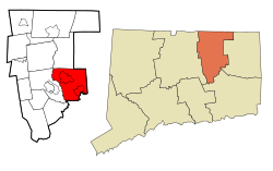 Mansfield's location within Tolland County and Connecticut