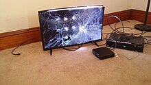 Large screen with broken glass, sitting on the floor