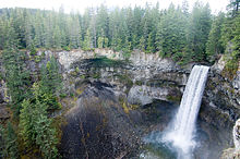 Waterfall cascading down a rocky cliff into a gorge full of water surrounded by trees.