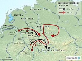 Landkarte der Drususfeldzüge in den Jahren 10 und 9 v. Chr.