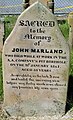 Grave Stone of John Marland, who died whilst working in the Borehole. This grave stone is located behind the Christchurch Cathedral, Newcastle, New South Wales