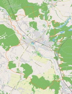 Mapa konturowa Myszkowa, w centrum znajduje się punkt z opisem „Stadion MOSiR-u”