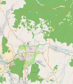 Mapa konturowa Nowego Targu, na dole nieco na lewo znajduje się punkt z opisem „Kościół św. Jana Pawła IIw Nowym targu”