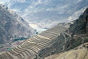 Andenes in the Sacred Valley of the Incas, Peru. The Incan agricultural terraces are still used by many of the Incas' descendents, Quechua-speaking Andean farmers.