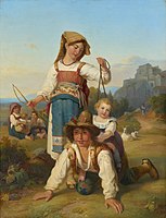 Gemälde mit spielenden Kindern. Ein junger Hirte stellt sich als Reittier zur Verfügung, ein gelocktes kleines Mädchen sitzt auf seinem Rücken. Eine junge Frau domestiziert den Hirten mit Zügel und Reitpeitsche.