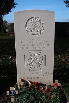 Clarence Smith Jeffries, VC (26 October 1894 – 12 October 1917) is buried in Tyne Cot Cemetery, Plot 40, Row E, Grave 1.