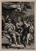 David mit Haupt Goliats vor Saul, Jean-Louis Roullet, Stich nach Joseph Parrocel, 23 × 16,4 cm