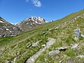 Markierung oberhalb des Höchst­standes von 1850 am Aufstiegsweg zum Hochjochhospiz. Links die Rofenbergalm.