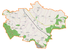 Mapa konturowa gminy Grębocice, po prawej nieco u góry znajduje się punkt z opisem „Żabice”