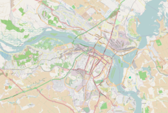 Mapa konturowa Dnipro, na dole znajduje się punkt z opisem „Dniepropetrowska Wyższa Szkoła Kultury Fizycznej”