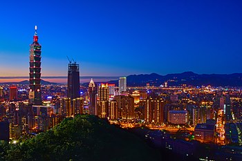 Xinyi District skyline in 2017, featuring the tallest building in Taiwan - the Taipei 101.