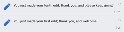 A screenshot of my notifications on Wikipedia, showing I've only made 10 edits in the 3 years of having this account.