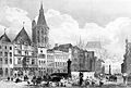 Alter Markt mit Rathaus und Rathausturm, im Hintergrund der noch unvollendete Kölner Dom (Stahlstich um 1850)