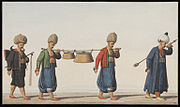1809 yılında anonim bir Yunan sanatçının çorba kazanı ve kepçe taşıyan Yeniçerileri betimleyen resmi.