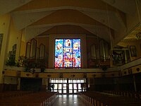 View on the back of the church, organs, stained glass.