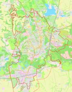 Mapa konturowa Kurska, w centrum znajduje się punkt z opisem „Parafia Zaśnięcia Najświętszej Maryi Panny w Kursku”