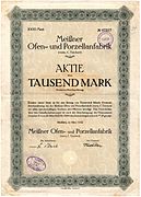 Aktie über 1000 Mark der Meißner Ofen- und Porzellanfabrik (vorm. C. Teichert) vom März 1922