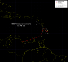 Hypothesized track of the 1822 Venezuela hurricane, with positions updated every 6 hours per UTC (00z, 06z, 12z, 18z). Data shown is unofficial.