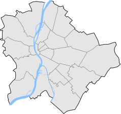 Mapa konturowa Budapesztu, u góry nieco na lewo znajduje się punkt z opisem „Stadion im. Ferenca Szuszy”