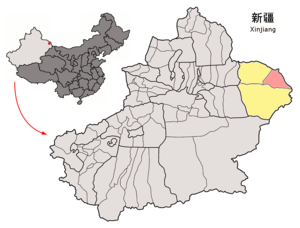 Ara Türük İlçesi'nin Sincan Uygur Özerk Bölgesideki konumu (pembe)