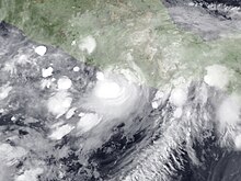 A photograph of a tropical storm close to landfall on the Pacific coast of Mexico