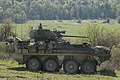 An infantry carrier vehicle Dragoon (ICVD) from Ghost Troop, 2nd Squadron, 2nd Cavalry Regiment, over watches the engagement area from its battle position, during the ICVD/common remote weapons station mounting a Javelin missile (CROWS-J) operational test at the Joint Maneuver Readiness Center (JMRC), Hohenfels, Germany