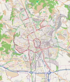 Mapa konturowa Brna, w centrum znajduje się punkt z opisem „Brno hlavní nádraží”