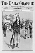 Eine Karikatur von Susan B. Anthony auf der Titelseite der New York Daily Graphic, die am 5. Juni 1873 (wenige Tage vor ihrem Gerichtsverfahren wegen Beteiligung an der Wahl) erschien.