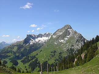 Dent de Brenleire (2353,2 m ü. M., rechts vorne) und Vanil Noir (2389 m ü. M., hinten)