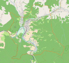 Mapa konturowa Muszyny, blisko centrum na lewo znajduje się punkt z opisem „Muszyna”