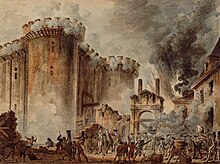 drawing of the Storming of the Bastille on 14 July 1789, smoke of gunfire enveloping stone castle