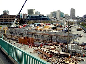 Construction taking place on the south shore of False Creek, at the site of Olympic Village station, April 14, 2006