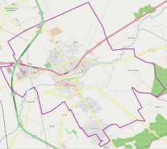 Mapa konturowa Garwolina, w centrum znajduje się punkt z opisem „Parafia Przemienienia Pańskiego”