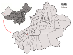 Location of Tumxuk City (red) jurisdiction in Xinjiang