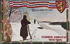 «Norges Jubileum 1814-1914», propagandistisk postkort til grunnlovsjubileet 1914 med sitatet «Jeg vil værge mit Land!»