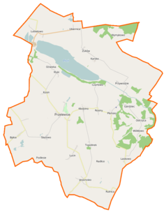 Mapa konturowa gminy Przelewice, po prawej nieco u góry znajduje się punkt z opisem „Przywodzie”