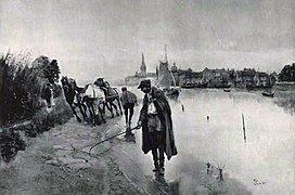 Leinpfad vor der Silhouette von Düsseldorf, Gemälde von Wilhelm Schreuer, um 1900