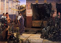 Romeinse bloemenmarkt, 1868, Olieverf op paneel, Manchester Art Gallery. De cactus en de agaves zijn een anachronisme