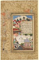 Farrukh Beg, A Drunken Babur Returns to Camp at Night after a boating party in celebration of the end of Ramadan ('id) in 1519, 1589 (Pakistan, Mughal), Lahore, Pakistan