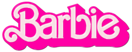 Geschwungene Buchstaben in weiß und pink bilden das Wort „Barbie“.