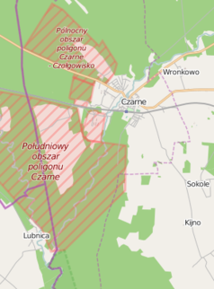 Mapa konturowa Czarnego, po prawej nieco u góry znajduje się punkt z opisem „Parafia pw. Wniebowzięcia Najświętszej Maryi Panny w Czarnem”