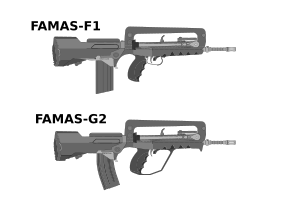 Schematics of a FAMAS F1 (top) compared to G2 (bottom). The G2 features - a larger trigger guard - a STANAG magazine - a hand guard on the receiver under the muzzle - a 1/9 rifling, instead of the 1/12 rifling of the F1